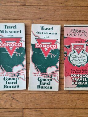 3 Vintage Conoco Travel Maps--Indiana, Oklahoma and Missouri